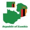 Map outline and flag of Zambia, A green field with an orange colored eagle in flight over a rectangular block of three vertical.
