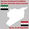 Map outline in white color and two flags of Syria, horizontal tricolour of red, white, and black with star.