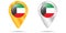 Map of pins with flag of Kuwait. On a white background