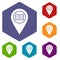 Map pointer with book icons set hexagon