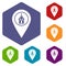 Map pointer with church icons set hexagon