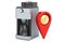 Map pointer with coffee machine. 3D rendering