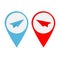 Map pointer with origami paper plane icon set. Red and blue marker. Flat design. White background. Isolated
