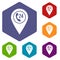 Map pointer with phone handset icons set hexagon