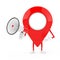 Map Pointer Pin Character Mascot with Red Retro Megaphone. 3d Rendering