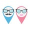 Map pointer set with lips, mustaches and glasses. Isolated markers.