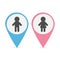 Map pointer set. Man Woman icon Pink and blue round markers. Restroom symbol Isolated White background Flat design.