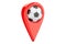 Map pointer with soccer ball, location concept. 3D rendering