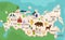 map of Russia. Flat cartoon of russian country with its famous landmarks. Cathedral, musk, bear and bridges. buildings, food and