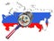 Map of Russia. United States sanctions against to Russia. Judge hammer United States of America, flag and emblem. 3d illustration.