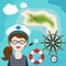 Map with a sailor, lifeline, steering wheel, compass and magnifier on background sea. Child Game. Help the girl- swim to shore.