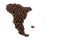 A map of south america made of coffee beans concept. Isolated.