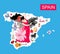 Map of Spain. Travel illustration with flamenco dancer girl, black bull, mill, cactus, guitar, tomato and another attractions