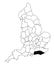 Map of Sussex County in England on white background. single County map highlighted by black colour on England administrative map