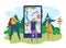 Map for travel at tourist smartphone, vector illustration. Man woman character hiking with backpack, cartoon tourism