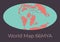 Map of the World 66MYA. Vector illustration of Worldmap with red continents and turquoise oceans isolated on dark grey
