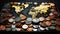 A map of the world with a mixed denominated coin collection. Generative AI