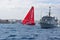 Mapfre Very Close Between Warship And Spectator Boats Volvo Ocean Race Alicante 2017