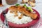 Maple glazed salmon with caramelized onions and rice