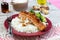 Maple glazed salmon with caramelized onions and rice