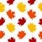 Maple leaf colorful symbol seamless pattern. Autumn falling leaves on white background. Simple cute cozy forest foliage for cover