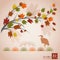 Maple leaves branch, heron, landscape with bridge and japanese hieroglyphs \\\