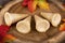 Maple syrup cones on a wooden plank.