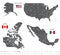 Maps of Canada, United States and Mexico with flags and location navigation icons.