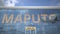 MAPUTO text revealed with landing airplane on airport building. 3d rendering