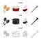 Maracas, drum, Scottish bagpipes, clarinet. Musical instruments set collection icons in cartoon,black,outline style