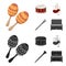 Maracas, drum, Scottish bagpipes, clarinet. Musical instruments set collection icons in cartoon,black style vector