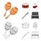 Maracas, drum, Scottish bagpipes, clarinet. Musical instruments set collection icons in cartoon,outline style vector