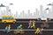 Marathon athelete man on city road, vector illustration. Outdoor sport, speed run, ride bicycle for health and