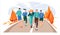 Marathon racing group - flat cartoon modern vector illustration of running men and women in autumn rural road.