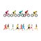 Marathon runners. Bicycle riders. People run side view. Cyclists ride side view. Bicycle racing