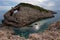 Marathonisi Island, Greece â€“ September 24, 2017:Motorboats at the beach of Turtle island.