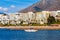 Marbella city port and beach aerial panoramic view