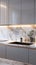 a marble backsplash in an elegant kitchen, illuminated by soft lighting to reveal its natural beauty and texture