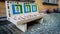 A marble bench with semi-precious stones