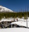 MARBLE CANYON, CANADA - MARCH 20, 2019: alpinists with backpacks preparing climbing down by ice to canyon