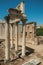 Marble columns and statues of Roman Forum building in Merida