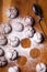 Marble cookies on a table sprinkled with icing sugar