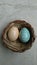 Marble eggs in a straw round basket