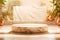 Marble empty round podium on sustainable spa relax interior background with potted plants