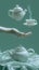 Marble hand of a statue holding a tea pot and a cup. Whimsical surreal monochromatic composition with hands and