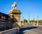 A marble lion statue overlooking the Concorde square in Paris, France