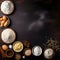 Marble rolling pin with flour and eggs on a dark background. Baking background. Baking background. Baking ingredients: flour, eggs