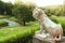 Marble sculpture of the lion on the landing of the Great Italian staircase of the Pavlovsk Park, St. Petersburg.