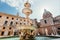 Marble sculptures in center of 16th century Praetorian Fountain in historical sicilian city