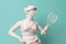 Marble statue of an ancient Greek goddess doing sports on pastel background. Tennis player sculpture. Beauty standards, ideal body